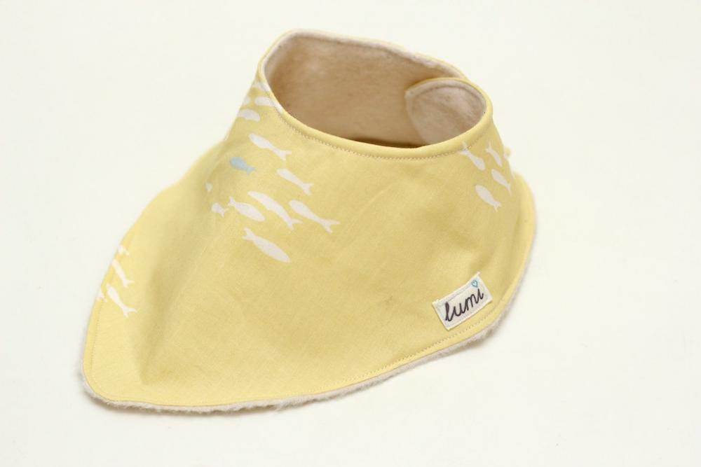 Organic Cotton Dribble Bib - Yellow and Grey Little Fishy Print Bandana Dribble Bib