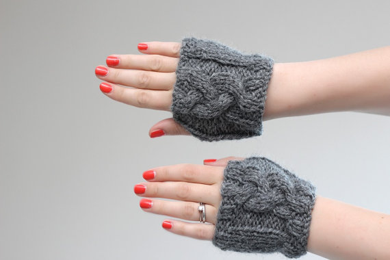 Grey/Gray Cable Knit Wrist Warmers - Cable Knitted Paws
