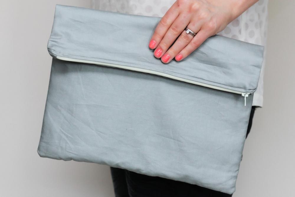 Fold over zipper clutch in slate grey (gray) with lemon yellow lining 