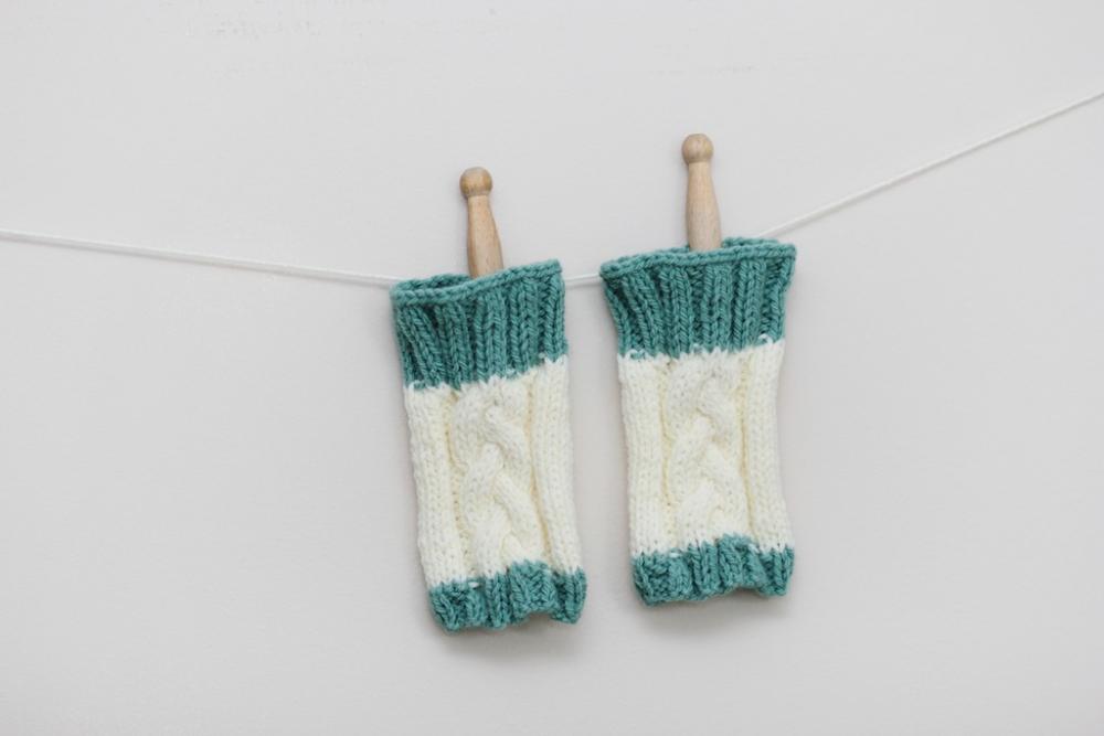 Cable Knit Wrist Warmers - Cream with Mint Green trim