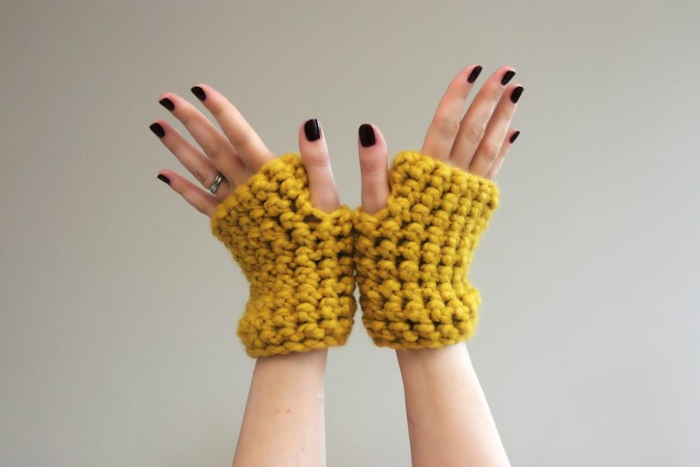 Mustard Yellow Chunky Crochet Wrist Warmers - fingerless gloves in Mustard Yellow