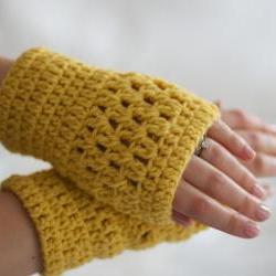 Mustard Yellow Crochet Wrist Warmers