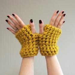 Mustard Yellow Chunky Crochet Wrist Warmers - fingerless gloves in Mustard Yellow